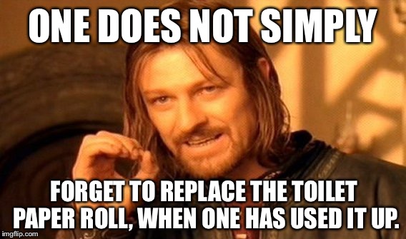 Actually Happened To Me Recently... | ONE DOES NOT SIMPLY; FORGET TO REPLACE THE TOILET PAPER ROLL, WHEN ONE HAS USED IT UP. | image tagged in memes,one does not simply | made w/ Imgflip meme maker