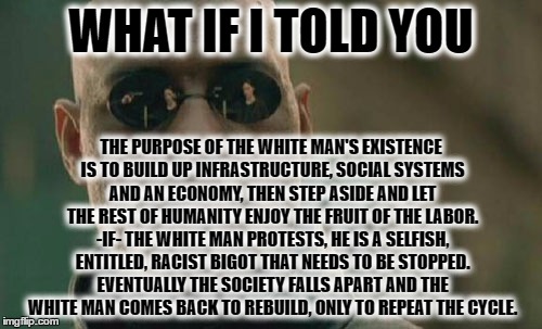 if you think this is not true, consult your history books. | WHAT IF I TOLD YOU; THE PURPOSE OF THE WHITE MAN'S EXISTENCE IS TO BUILD UP INFRASTRUCTURE, SOCIAL SYSTEMS AND AN ECONOMY, THEN STEP ASIDE AND LET THE REST OF HUMANITY ENJOY THE FRUIT OF THE LABOR. -IF- THE WHITE MAN PROTESTS, HE IS A SELFISH, ENTITLED, RACIST BIGOT THAT NEEDS TO BE STOPPED. EVENTUALLY THE SOCIETY FALLS APART AND THE WHITE MAN COMES BACK TO REBUILD, ONLY TO REPEAT THE CYCLE. | image tagged in memes,matrix morpheus | made w/ Imgflip meme maker