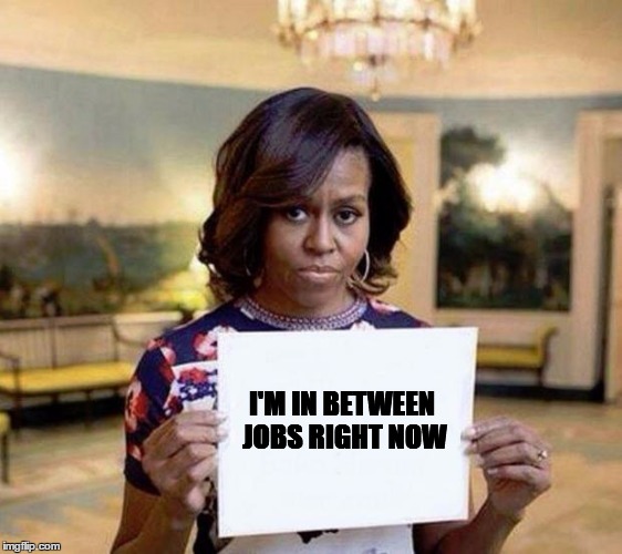 Michelle Obama blank sheet | I'M IN BETWEEN JOBS RIGHT NOW | image tagged in michelle obama blank sheet | made w/ Imgflip meme maker