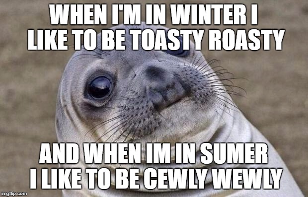 Awkward Moment Sealion Meme | WHEN I'M IN WINTER I LIKE TO BE TOASTY ROASTY; AND WHEN IM IN SUMER I LIKE TO BE CEWLY WEWLY | image tagged in memes,awkward moment sealion | made w/ Imgflip meme maker