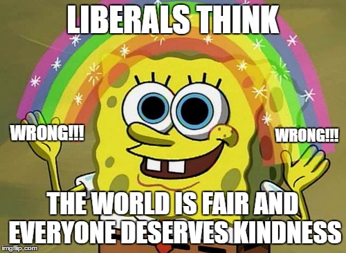 Fairness and Kindness | LIBERALS THINK; WRONG!!! WRONG!!! THE WORLD IS FAIR AND EVERYONE DESERVES KINDNESS | image tagged in memes,imagination spongebob,liberals,fairness,kindness | made w/ Imgflip meme maker