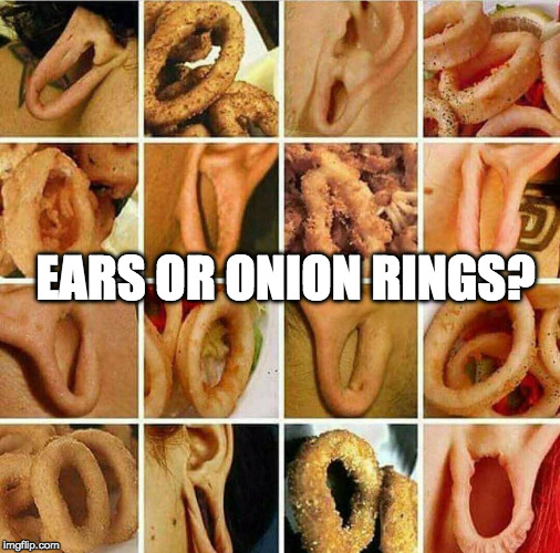 Ummm...? | EARS OR ONION RINGS? | image tagged in ears or oinion rings,ears,whisper in ear goosebumps,onion,bacon | made w/ Imgflip meme maker