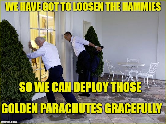 outgoing admins | WE HAVE GOT TO LOOSEN THE HAMMIES; SO WE CAN DEPLOY THOSE; GOLDEN PARACHUTES GRACEFULLY | image tagged in joe biden,obama,moving,retirement,funny | made w/ Imgflip meme maker