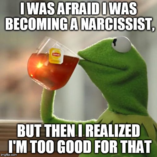 But That's None Of My Business | I WAS AFRAID I WAS BECOMING A NARCISSIST, BUT THEN I REALIZED I'M TOO GOOD FOR THAT | image tagged in memes,but thats none of my business,kermit the frog | made w/ Imgflip meme maker