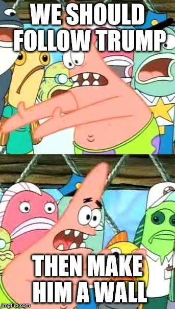Put It Somewhere Else Patrick | WE SHOULD FOLLOW TRUMP; THEN MAKE HIM A WALL | image tagged in memes,put it somewhere else patrick | made w/ Imgflip meme maker