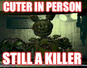 FNAF Springtrap in window | CUTER IN PERSON; STILL A KILLER | image tagged in fnaf springtrap in window | made w/ Imgflip meme maker