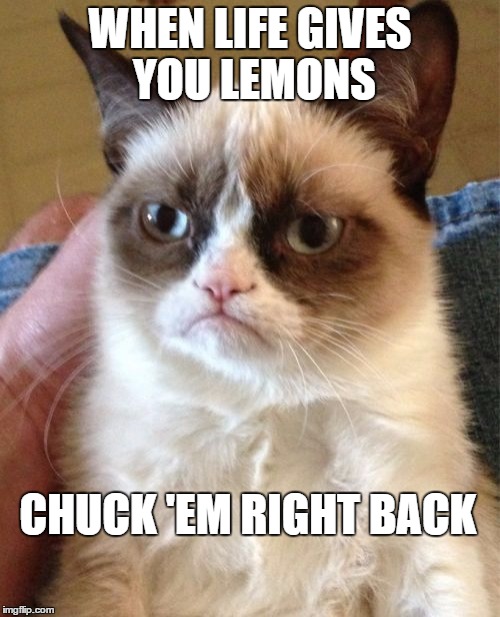 Grumpy Cat | WHEN LIFE GIVES YOU LEMONS; CHUCK 'EM RIGHT BACK | image tagged in memes,grumpy cat | made w/ Imgflip meme maker