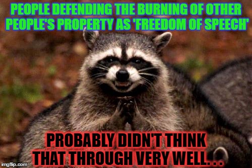 Arsonist's Dream
 | PEOPLE DEFENDING THE BURNING OF OTHER PEOPLE'S PROPERTY AS 'FREEDOM OF SPEECH'; PROBABLY DIDN'T THINK THAT THROUGH VERY WELL. . . | image tagged in memes,evil plotting raccoon,riots,arson | made w/ Imgflip meme maker