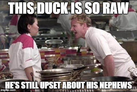 Angry Chef Gordon Ramsay Meme | THIS DUCK IS SO RAW; HE'S STILL UPSET ABOUT HIS NEPHEWS | image tagged in memes,angry chef gordon ramsay | made w/ Imgflip meme maker