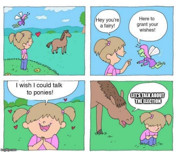 Talk to Ponies | LET'S TALK ABOUT THE ELECTION | image tagged in talk to ponies | made w/ Imgflip meme maker