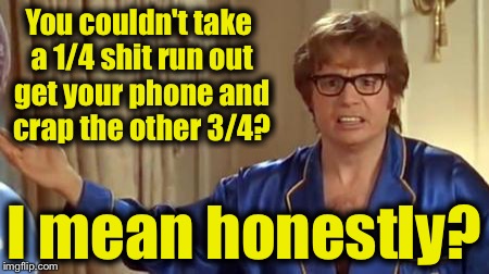 Austin Powers 1 | You couldn't take a 1/4 shit run out get your phone and crap the other 3/4? I mean honestly? | image tagged in austin powers 1 | made w/ Imgflip meme maker