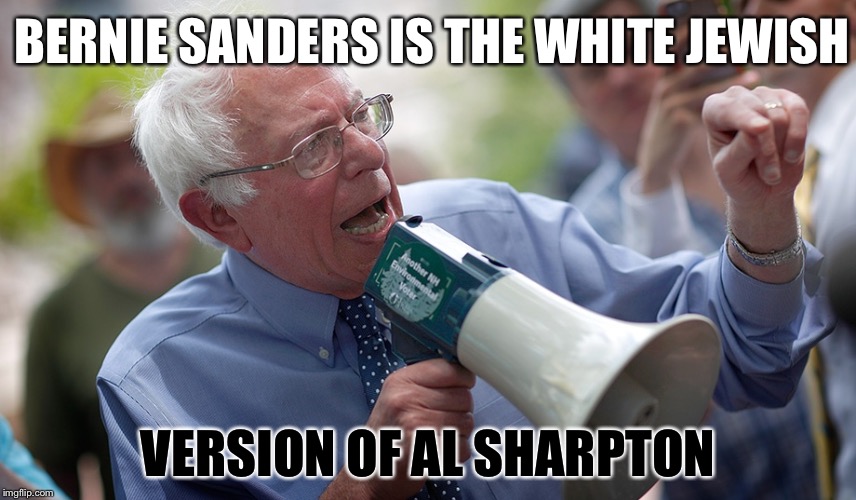 Bernie Sanders megaphone | BERNIE SANDERS IS THE WHITE JEWISH; VERSION OF AL SHARPTON | image tagged in bernie sanders megaphone | made w/ Imgflip meme maker
