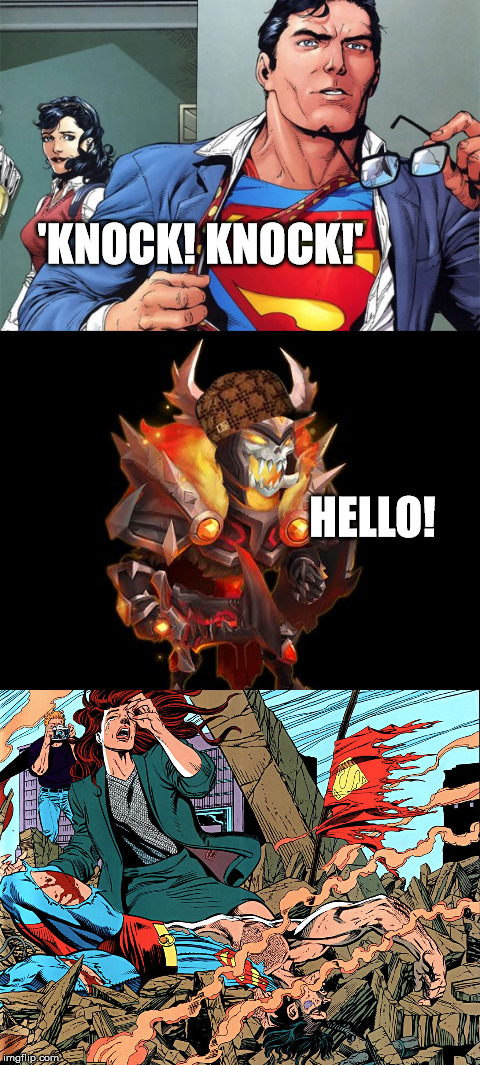SK visits Superman | 'KNOCK! KNOCK!'; HELLO! | image tagged in castle clash,superman,dc,sk,skull knight | made w/ Imgflip meme maker