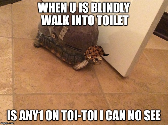 WHEN U IS BLINDLY WALK INTO TOILET; IS ANY1 ON TOI-TOI I CAN NO SEE | image tagged in when u is blindly walk into toilet,scumbag | made w/ Imgflip meme maker