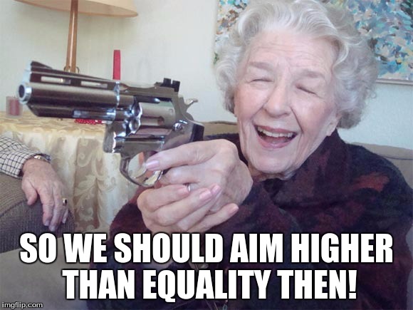 Old lady takes aim | SO WE SHOULD AIM HIGHER THAN EQUALITY THEN! | image tagged in old lady takes aim | made w/ Imgflip meme maker