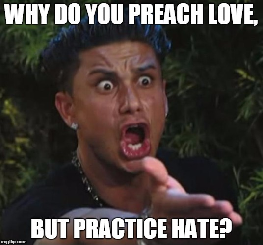 DJ Pauly D | WHY DO YOU PREACH LOVE, BUT PRACTICE HATE? | image tagged in memes,dj pauly d,liberals,protesters,election 2016,sjws | made w/ Imgflip meme maker