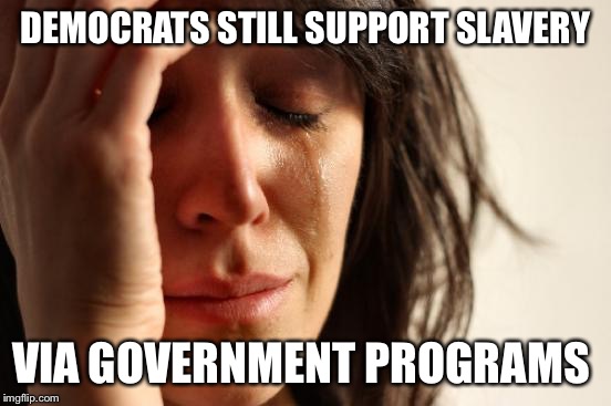 First World Problems Meme | DEMOCRATS STILL SUPPORT SLAVERY VIA GOVERNMENT PROGRAMS | image tagged in memes,first world problems | made w/ Imgflip meme maker