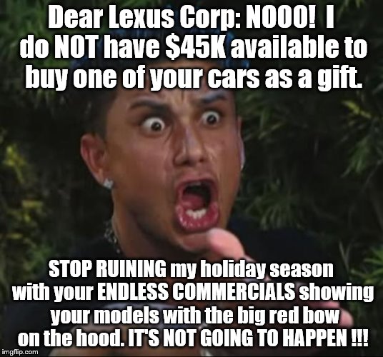 Shut up, Lexus! | Dear Lexus Corp: NOOO!  I do NOT have $45K available to buy one of your cars as a gift. STOP RUINING my holiday season with your ENDLESS COMMERCIALS showing  your models with the big red bow on the hood. IT'S NOT GOING TO HAPPEN !!! | image tagged in memes,dj pauly d | made w/ Imgflip meme maker