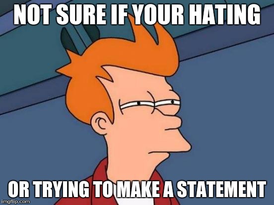Futurama Fry Meme | NOT SURE IF YOUR HATING OR TRYING TO MAKE A STATEMENT | image tagged in memes,futurama fry | made w/ Imgflip meme maker
