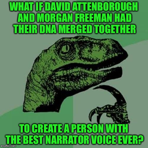 Philosoraptor | WHAT IF DAVID ATTENBOROUGH AND MORGAN FREEMAN HAD THEIR DNA MERGED TOGETHER; TO CREATE A PERSON WITH THE BEST NARRATOR VOICE EVER? | image tagged in memes,philosoraptor,narrator,david attenborough,morgan freeman,funny | made w/ Imgflip meme maker