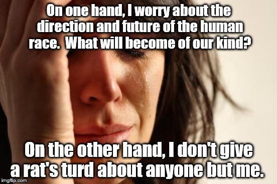 Selfless and Selfish | On one hand, I worry about the direction and future of the human race.  What will become of our kind? On the other hand, I don't give a rat's turd about anyone but me. | image tagged in memes,first world problems | made w/ Imgflip meme maker