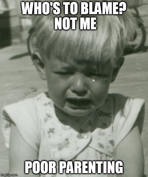 Cry baby and poor parenting | WHO'S TO BLAME? NOT ME; POOR PARENTING | image tagged in child abuse,baby,terrible two's,emotion and fresh raw fruit | made w/ Imgflip meme maker