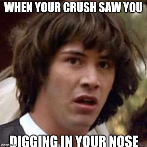 Conspiracy Keanu Meme | WHEN YOUR CRUSH SAW YOU; DIGGING IN YOUR NOSE | image tagged in memes,conspiracy keanu | made w/ Imgflip meme maker