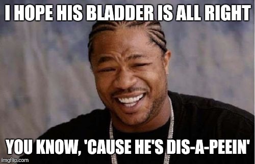Yo Dawg Heard You Meme | I HOPE HIS BLADDER IS ALL RIGHT YOU KNOW, 'CAUSE HE'S DIS-A-PEEIN' | image tagged in memes,yo dawg heard you | made w/ Imgflip meme maker