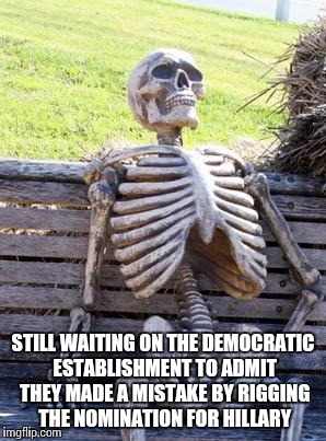 Waiting Skeleton | STILL WAITING ON THE DEMOCRATIC ESTABLISHMENT TO ADMIT THEY MADE A MISTAKE BY RIGGING THE NOMINATION FOR HILLARY | image tagged in memes,waiting skeleton | made w/ Imgflip meme maker