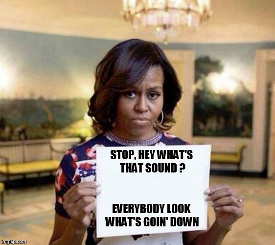 Michelle Obama blank sheet | STOP, HEY WHAT'S THAT SOUND ? EVERYBODY LOOK WHAT'S GOIN' DOWN | image tagged in michelle obama blank sheet | made w/ Imgflip meme maker