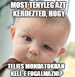 Skeptical Baby Meme | MOST TÉNYLEG AZT KÉRDEZTED, HOGY; TELJES MONDATOKBAN KELL-E FOGALMAZNI? | image tagged in memes,skeptical baby | made w/ Imgflip meme maker