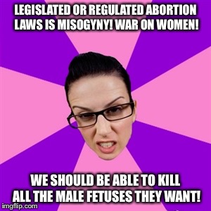 Feminist | LEGISLATED OR REGULATED ABORTION LAWS IS MISOGYNY! WAR ON WOMEN! WE SHOULD BE ABLE TO KILL ALL THE MALE FETUSES THEY WANT! | image tagged in feminist | made w/ Imgflip meme maker