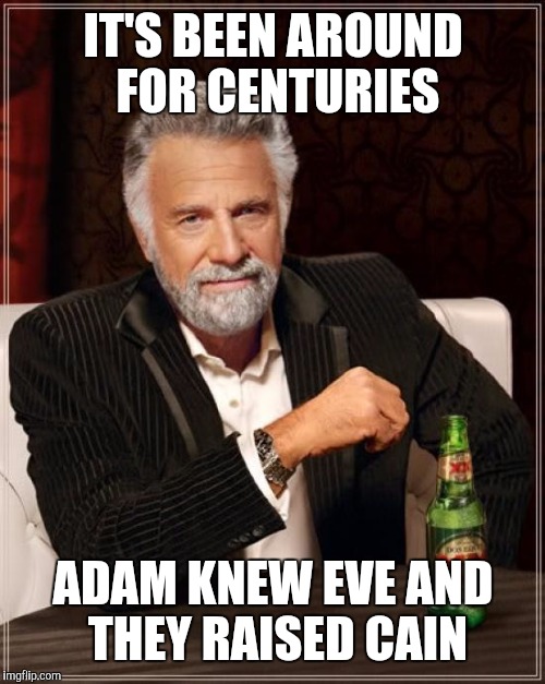 The Most Interesting Man In The World Meme | IT'S BEEN AROUND FOR CENTURIES ADAM KNEW EVE AND THEY RAISED CAIN | image tagged in memes,the most interesting man in the world | made w/ Imgflip meme maker