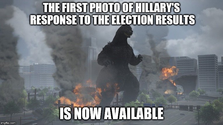 Hillary's initial response to the election results....not so calm | THE FIRST PHOTO OF HILLARY'S RESPONSE TO THE ELECTION RESULTS; IS NOW AVAILABLE | image tagged in funny memes,godzilla,hillary clinton | made w/ Imgflip meme maker