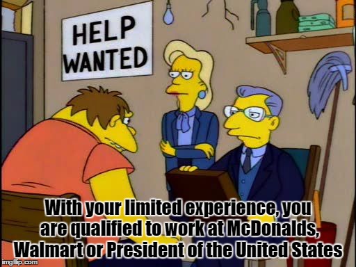 barney job interview | With your limited experience, you are qualified to work at McDonalds, Walmart or President of the United States | image tagged in barney job interview | made w/ Imgflip meme maker