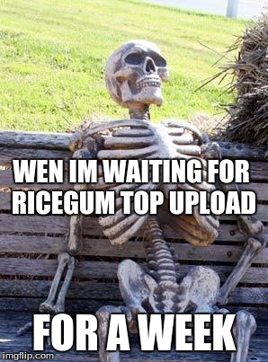 Waiting Skeleton | WEN IM WAITING FOR RICEGUM TOP UPLOAD; FOR A WEEK | image tagged in memes,waiting skeleton | made w/ Imgflip meme maker