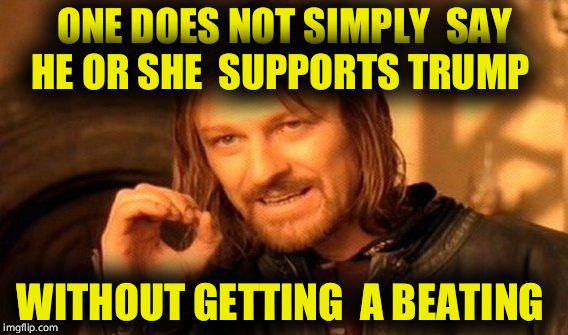 One Does Not Simply | ONE DOES NOT SIMPLY  SAY HE OR SHE  SUPPORTS TRUMP; WITHOUT GETTING  A BEATING | image tagged in memes,one does not simply | made w/ Imgflip meme maker