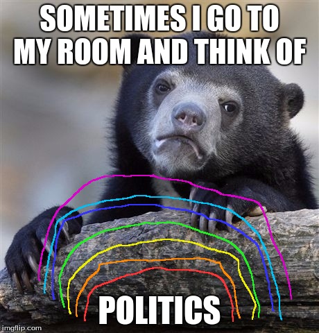 The only thing that will get me likes | SOMETIMES I GO TO MY ROOM AND THINK OF; POLITICS | image tagged in memes,confession bear,rainbow,politics | made w/ Imgflip meme maker