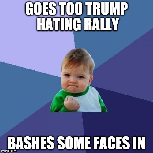 Success Kid Meme | GOES TOO TRUMP HATING RALLY; BASHES SOME FACES IN | image tagged in memes,success kid | made w/ Imgflip meme maker