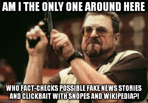 when I hear ppl complaining about FB's fake news story "problem" | AM I THE ONLY ONE AROUND HERE; WHO FACT-CHECKS POSSIBLE FAKE NEWS STORIES AND CLICKBAIT WITH SNOPES AND WIKIPEDIA?! | image tagged in memes,am i the only one around here,facebook,fact checking | made w/ Imgflip meme maker
