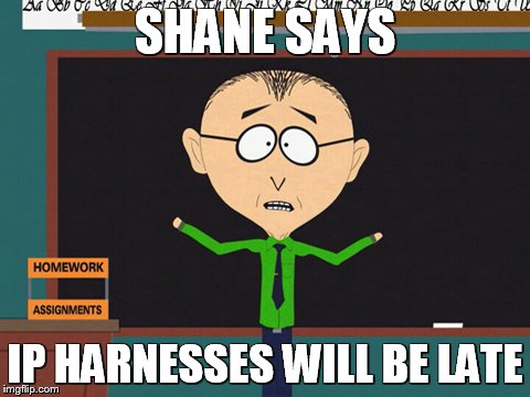 Mr Mackey2 | SHANE SAYS; IP HARNESSES WILL BE LATE | image tagged in mr mackey2 | made w/ Imgflip meme maker