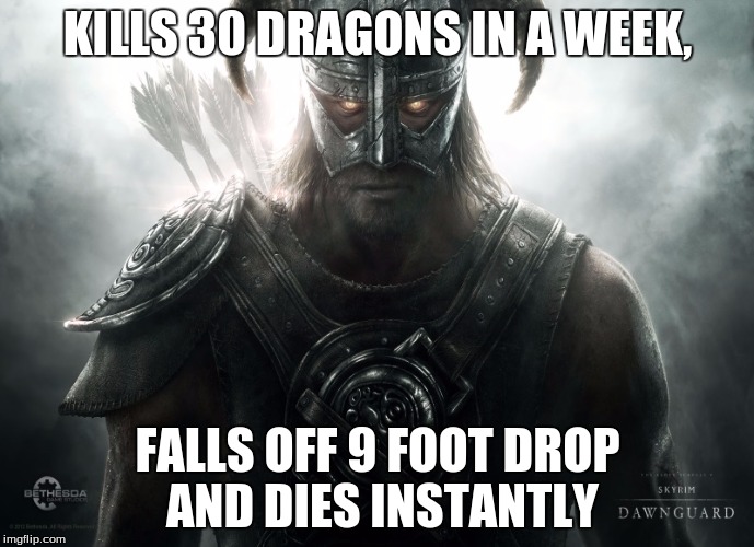 KILLS 30 DRAGONS IN A WEEK, FALLS OFF 9 FOOT DROP AND DIES INSTANTLY | image tagged in skyrim | made w/ Imgflip meme maker