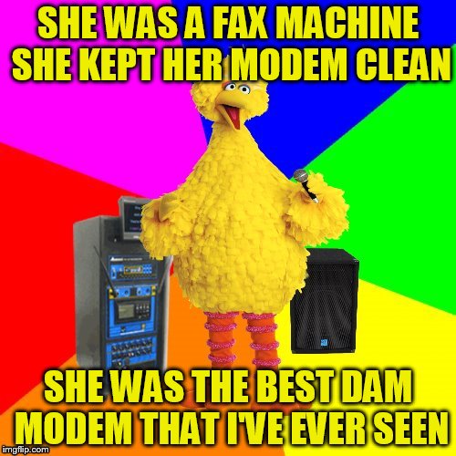 Wrong lyrics karaoke big bird | SHE WAS A FAX MACHINE SHE KEPT HER MODEM CLEAN; SHE WAS THE BEST DAM MODEM THAT I'VE EVER SEEN | image tagged in wrong lyrics karaoke big bird | made w/ Imgflip meme maker