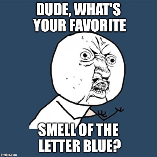 Y U No Meme | DUDE, WHAT'S YOUR FAVORITE; SMELL OF THE LETTER BLUE? | image tagged in memes,y u no | made w/ Imgflip meme maker