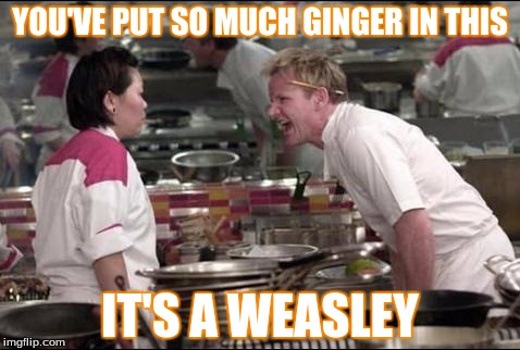 Angry Chef Gordon Ramsay Meme | YOU'VE PUT SO MUCH GINGER IN THIS; IT'S A WEASLEY | image tagged in memes,angry chef gordon ramsay | made w/ Imgflip meme maker