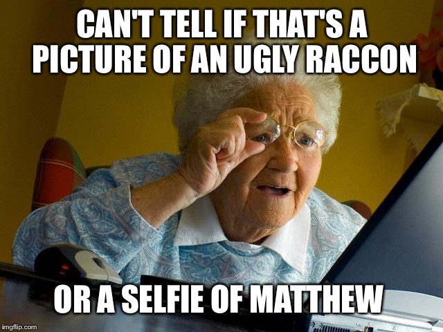 Grandma Finds The Internet | CAN'T TELL IF THAT'S A PICTURE OF AN UGLY RACCON; OR A SELFIE OF MATTHEW | image tagged in memes,grandma finds the internet | made w/ Imgflip meme maker