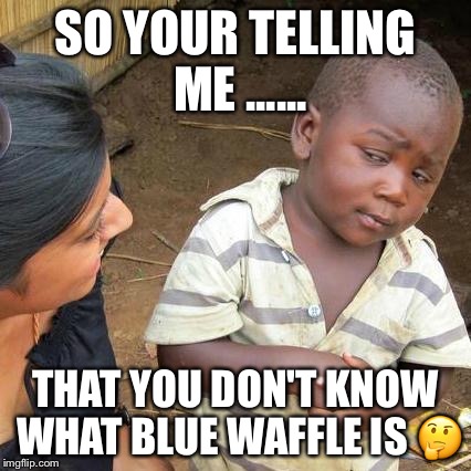 Third World Skeptical Kid | SO YOUR TELLING ME ...... THAT YOU DON'T KNOW WHAT BLUE WAFFLE IS 🤔 | image tagged in memes,third world skeptical kid | made w/ Imgflip meme maker