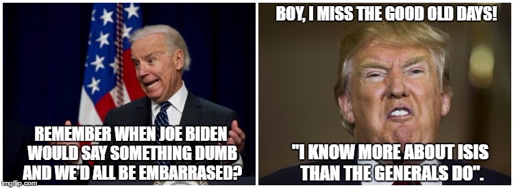 Dumb Things Trumps Says. | BOY, I MISS THE GOOD OLD DAYS! REMEMBER WHEN JOE BIDEN WOULD SAY SOMETHING DUMB AND WE'D ALL BE EMBARRASED? "I KNOW MORE ABOUT ISIS THAN THE GENERALS DO". | image tagged in joe biden,dumb sayings,donald trump,the good old days,stupid politicians,isis | made w/ Imgflip meme maker