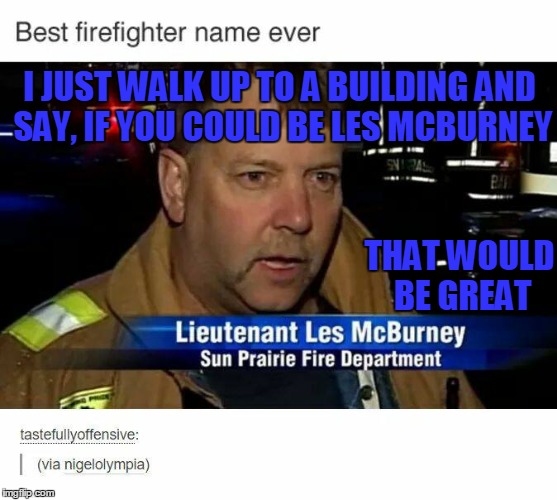 McAwesome | I JUST WALK UP TO A BUILDING AND SAY, IF YOU COULD BE LES MCBURNEY; THAT WOULD BE GREAT | image tagged in firefighter,destiny | made w/ Imgflip meme maker