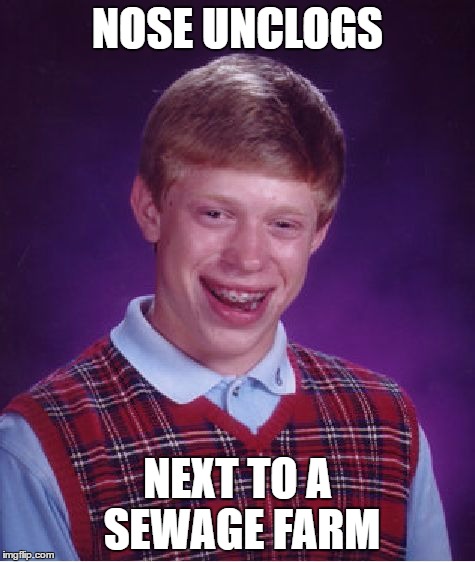 Bad Luck Brian Meme | NOSE UNCLOGS NEXT TO A SEWAGE FARM | image tagged in memes,bad luck brian | made w/ Imgflip meme maker